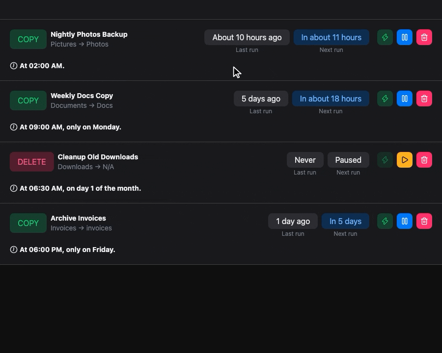 Creating a scheduled operation in the Schedules window