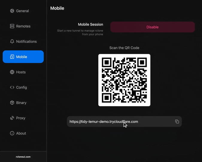 Scanning the tunnel QR code with Rclone Mobile to connect to the desktop app