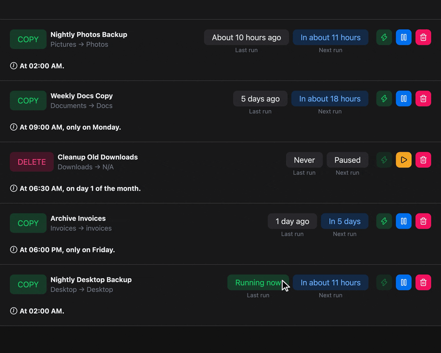 The Schedules list with run, pause and remove buttons for each job
